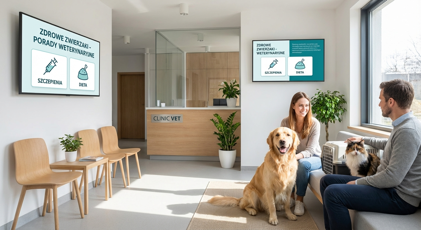 Poczekalnia weterynarza z ekranem digital signage